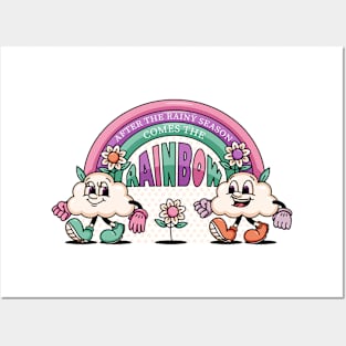 Rainbow and a pair of clouds fun cartoon mascots Posters and Art